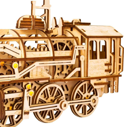 Model tren druri ROKR Locomotive, mekanik me ingranazhe, 37 cm, ngjyrë druri