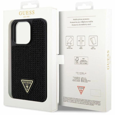 Kapak telefoni Guess Rhinestones Triangle Logo për iPhone 14 Pro, poliuretan i butë, i zi