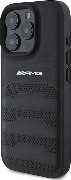 Kapak telefoni AMG Leather Debossed Lines për iPhone 16 Pro Max, lëkurë, kundra gërvishtjeve, i zi