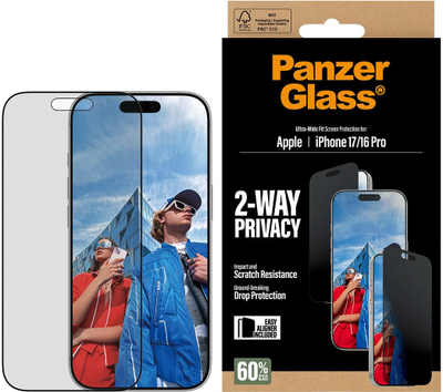 Mbrojtëse ekrani PanzerGlass 2 Way Privacy, iPhone 17 dhe iPhone 16 Pro, Ultra Wide Fit, transparente