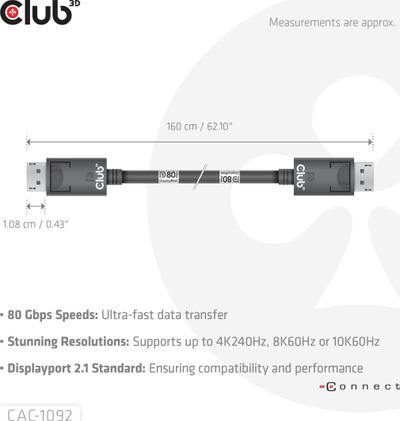 Kabllo DisplayPort Club 3D CAC-xxx, 1.6m, DP 2.1 Bi-Directional, e zezë