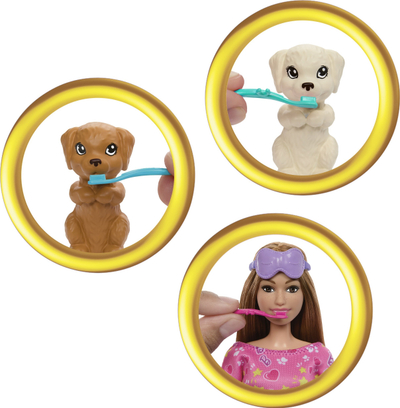 Set lodrash Barbie Slumber Party, kukull me 2 qenushë, aksesorë që i ndërron ngjyra