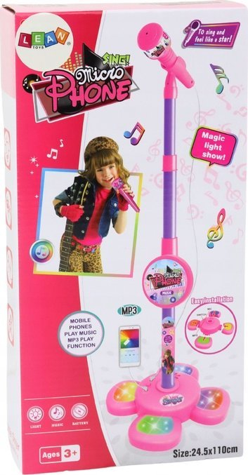 Lodër mikrofon Leantoys Sing Microphone, me qëndrim që rregullohet, me drita, rozë