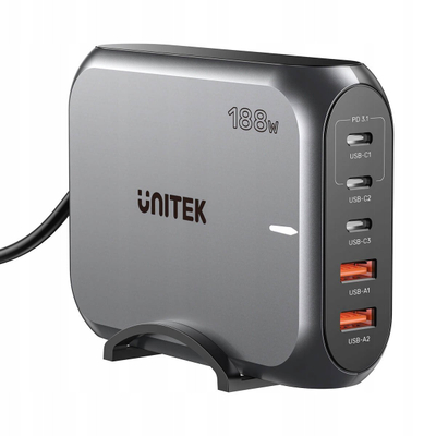 Karikues muri Unitek GaN PD 3.1, 188W, 3x USB C 2x USB A, gri