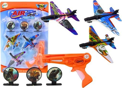 Lodër pistoletë lansues aeroplanësh LeanToys, 3 aeroplanë, 3 objektiva, portokalli