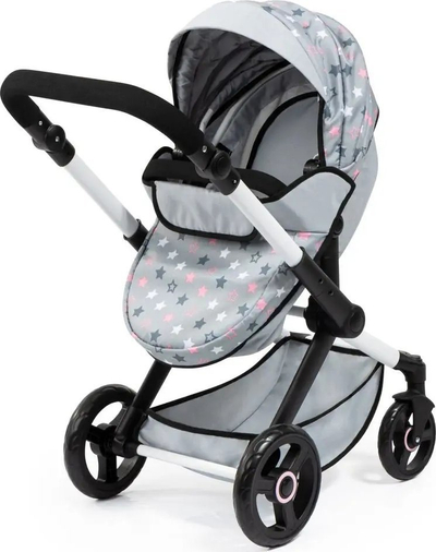 Karrocë lodër për kukulla Bayer Design Xeo, për kukulla deri 46 cm, me dorezë që rregullohet, gri me yje rozë