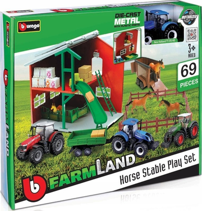 Set loje fermë M&amp;b Farmland Horse Stable, shkallë 1:43, me traktor New Holland, shumëngjyrësh