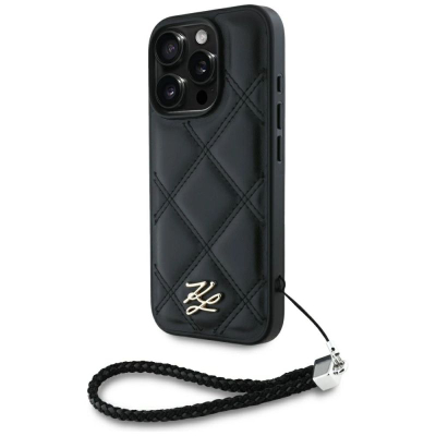 Футрола за телефон Karl Lagerfeld Quilted Initial Logo, iPhone 16 Pro 6.3", со ременче со синџир, црна