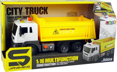 Kamion lodër LeanToys Tipper Truck 1:16, rimorkio që ngrihet, me drita edhe zë, i verdhë