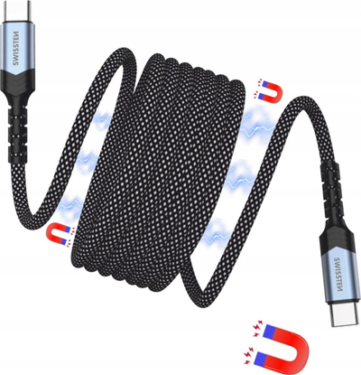 Kabllo magnetike Swissten Self Retracting, USB C në USB C, 1m, e zezë me argjend