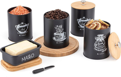 Set enësh kuzhine me enë gjalpi, 4 copë, metal dhe bambu, i zi