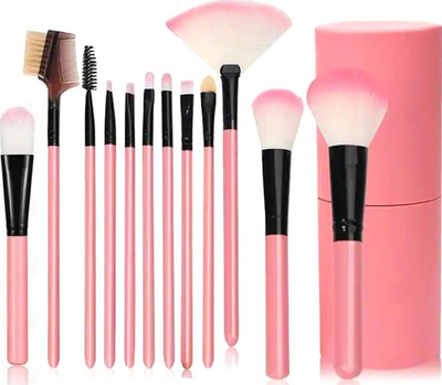 Set furçash grimi Aptel 12 copë, sintetik, për fytyrë dhe sy, rozë