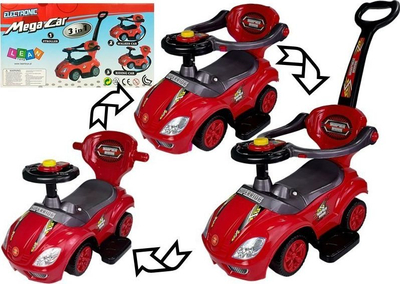 Играчка возило Ride On Leantoys Mega Car 3 во 1, со рачка за туркање, црвено