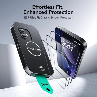 Xham mbrojtës ESR UltraFit Classic për iPhone 16 Pro dhe 17, 9H, set me 2 copa, transparent