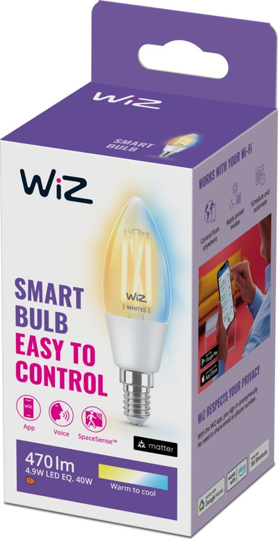 Llambë smart Philips WiZ LED Filament E14, 4.9W, dritë e ngrohtë në të ftohtë