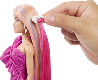 Kukull Barbie Fun and Fancy Hair JDC85, flokë shumë të gjatë biond me ngjyra, fustan roz rozë me shkëlqim