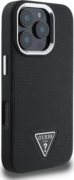 Mbulesë telefoni Guess Triangle Logo për iPhone 16 Pro 6.3", prej PU, e zezë