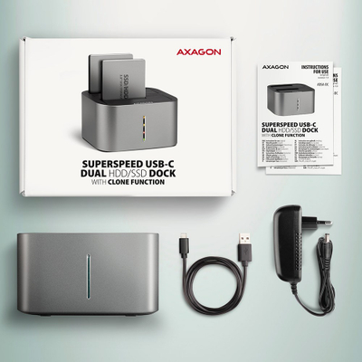 Docking station për HDD SSD Axagon ADSA-DC, USB 3.2 Gen 1, 2x SATA 6G, i zi