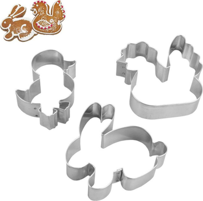 Forma pastiçerie për Pashkë pa markë, set 3 copë, çelik inox, figura pule lepurushi gjeli