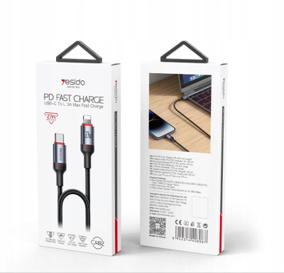 Kabllo karikimi Yesido CA182, USB-C me Lightning 1.2m 27W 3A, e zezë
