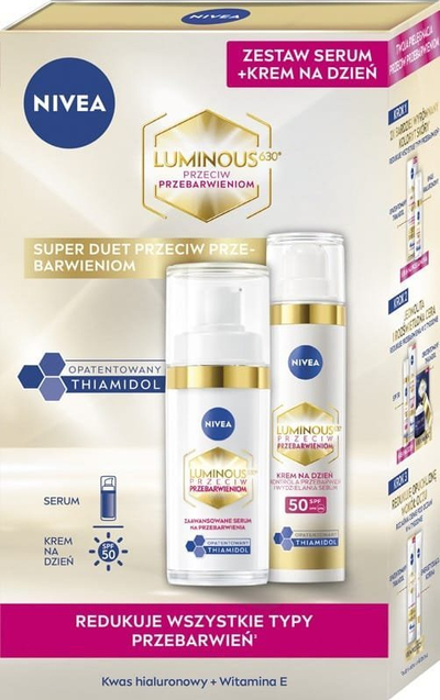 Set krem fytyre Nivea Luminous 630, krem dite 40 ml SPF 50, serum intensiv 30 ml, kundër njollave