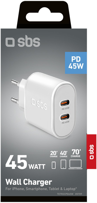 Ѕиден полнач SBS, 2 USB-C порти, 45W Power Delivery, црн