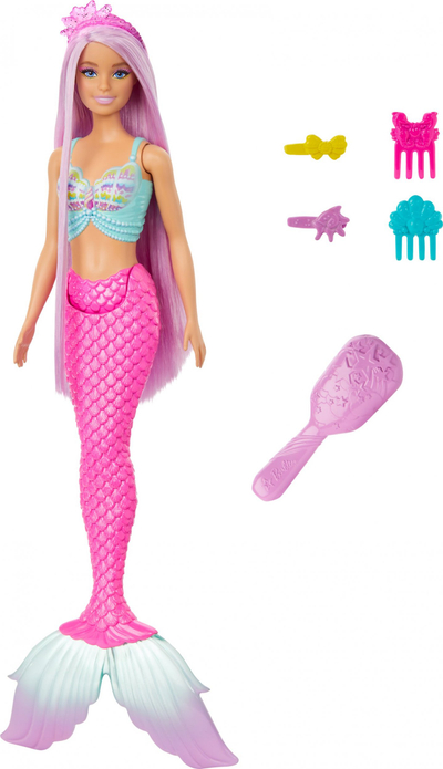 Kukull sirenë Barbie Mattel Mermaid HRR00, flokë shumë të gjatë, rozë pastel