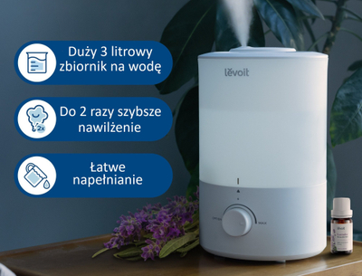 Humidifikues ajri Levoit Dual 150, depozitë 3L, funksionim i qetë, i bardhë