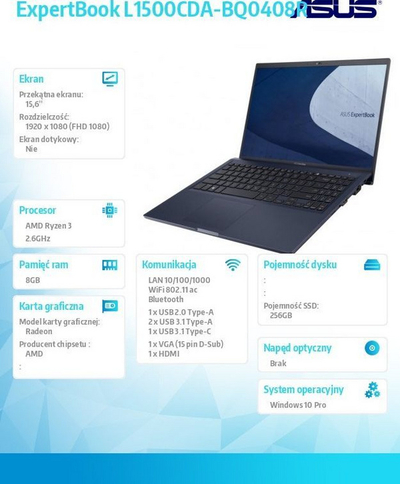 Laptop Asus ExpertBook L1, 15.6", Full HD, AMD Ryzen 3 3250U, 8 GB RAM, SSD 256 GB