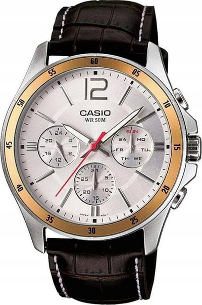 Orë dore Casio MTP1374L-7AV për burra, Quartz, me rrip lëkure, ngjyrë argjendi