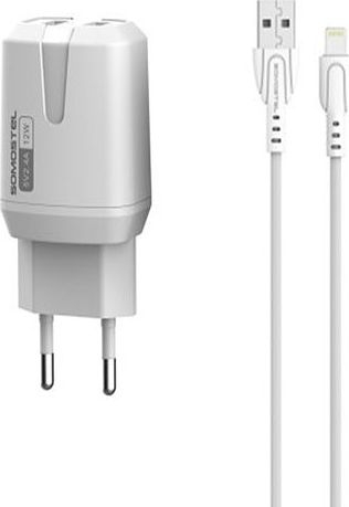 Karikues muri Somostel S-MK37N, 12W 2.4A, 2x USB me kabllo Lightning 1m, i bardhë