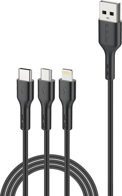 Кабел за полнење FONENG 3‑во‑1, Лајтнинг Микро USB USB C, 2m, црн