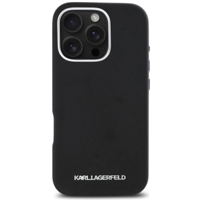 Kapak telefoni Karl Lagerfeld MagSafe për iPhone 16 Pro, lëkurë Saffiano, i zi