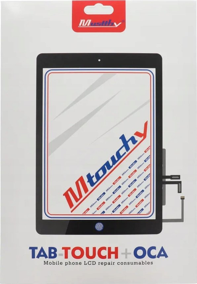 Touchscreen MUSTTBY për iPad 8, me buton Home, me ngjitës OCA, i zi