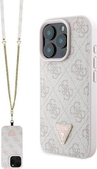 Çantë-mbulesë telefoni Guess Leather Metal Logo Strass Crossbody për iPhone 16 Pro Max 6.9", lëkurë, rozë