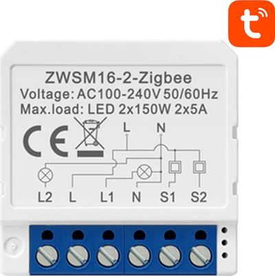 Скриен смарт прекинувач Avatto ZWSM16 W2, ZigBee, 2 канали, бел