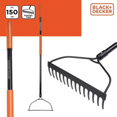 Lopatë kopshti BLACK+DECKER Bow Rake, dorezë fiberglass 150cm, metal, portokalli me të zezë