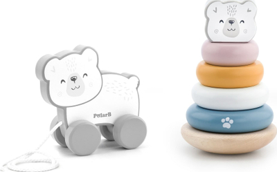Lodër druri PolarB Polar Bear, tërheqëse me rrota, piramidë unazash, shumëngjyrëshe