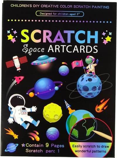 Set vizatimi me gërvishtje Scratch Space Artcards, 9 fletë, me stilolaps, me figura nga hapësira