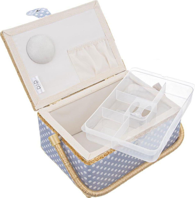Kuti organizuese për qepje, druri me tekstil, 30x23x16 cm, blu me pika të bardha