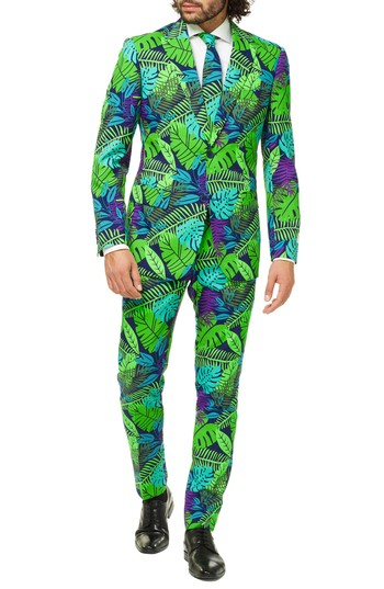 Kostum për burra Opposuits Juicy Jungle, slim fit, me bozhure tropikale, jeshil shumëngjyrësh