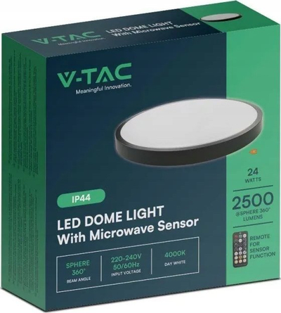 Plafon LED V Tac Round 24W, 4000K, me telekomandë dhe sensor mikrodallgësh, i zi