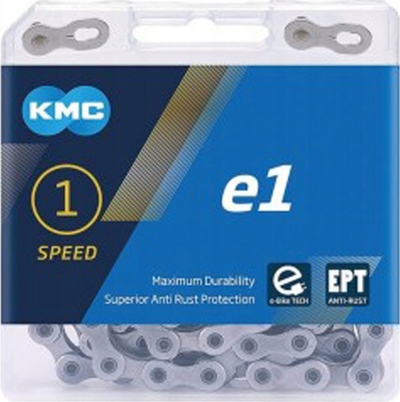 Zinxhir biçiklete KMC E1 EPT, single speed, 130 hallka, argjendt i errët
