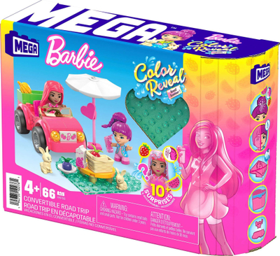 Set ndërtimi Mattel MEGA Barbie Color Reveal Little Convertible Happy Trip, 66 copë, me figurë, shumëngjyrësh