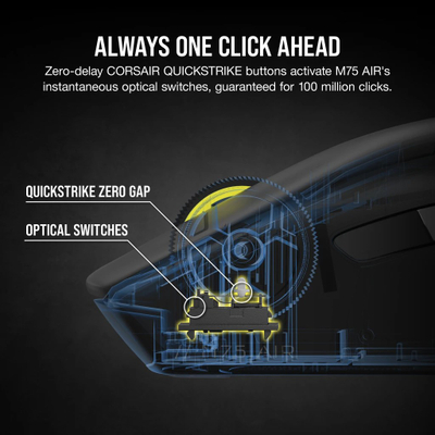 Maus lojrash Corsair M75 Air Wireless, ultra i lehtë, pa tela, i zi