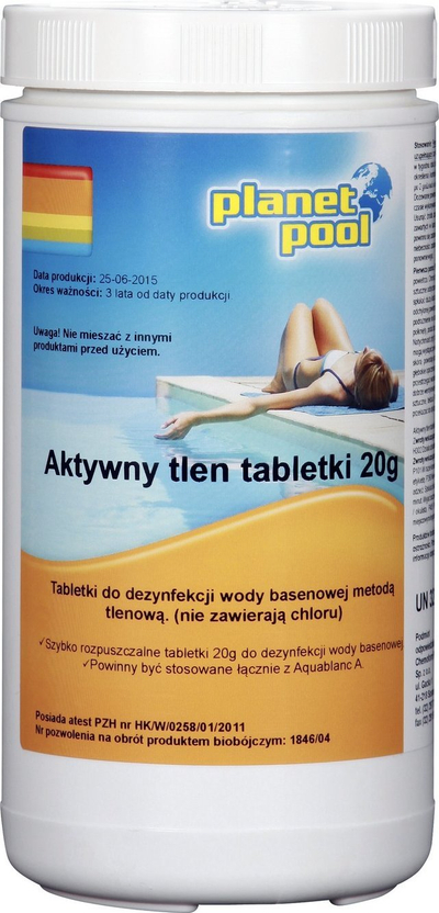 Tableta dezinfektuese pishine Planet Pool, oksigjen aktiv 20g, pa klor, e bardhë