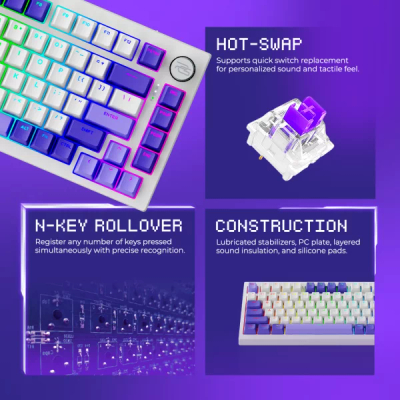 Tastierë gaming PROOVE Coupe, mekanike, wireless Bluetooth 5.3 2.4GHz, me ndriçim RGB, e bardhë