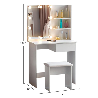 Tavolinë grimi me dritë LED dhe rafte Lauryn Melaminë 75x40x134.5Hcm (HM2501.03), bardhë