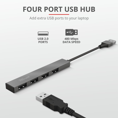 Hub USB Trust Halyx Aluminium, 4 porta, USB 2.0, argjendtë