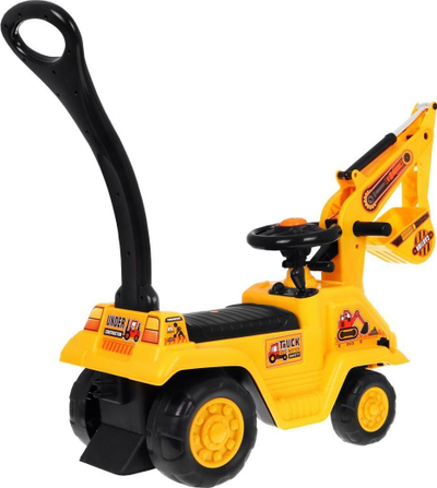 Lodër eskavator ride-on për kalamaj, me kovë që lëviz, me dorezë për ta shty, i verdhë